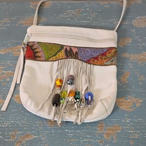 Ilze Heider Artisan White Crossbody Bag with Multicolor Fringe and Beads
